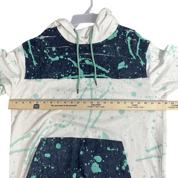 Encrypted Hooded Denim Blue White Shirt 90s Style Paint Splatter Design XL - Picture 3 of 8